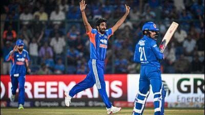 India’s Jasprit Bumrah celebrates the dismissal of Afghanistan’s Rahmanullah Gurbaz on Sunday. (Sanchit Khanna/HT) India’s Jasprit Bumrah celebrates the dismissal of Afghanistan’s Rahmanullah Gurbaz on Sunday. (Sanchit Khanna/HT)