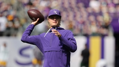 Minnesota Vikings quarterback J.J. McCarthy warms up before an NFL football game against the Green Bay Packers. (AP Photo/Bailey Hillesheim) Minnesota Vikings quarterback J.J. McCarthy warms up before an NFL football game against the Green Bay Packers. (AP Photo/Bailey Hillesheim)