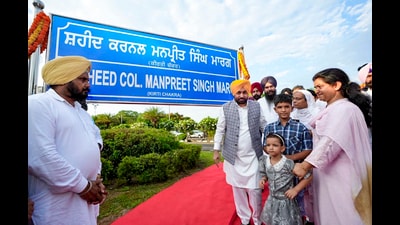 Punjab Chief Minister Bhagwant Mann during an event to dedicate a park and a road after martyr Colonel Manpreet Singh, in New Chandigarh. (PTI)