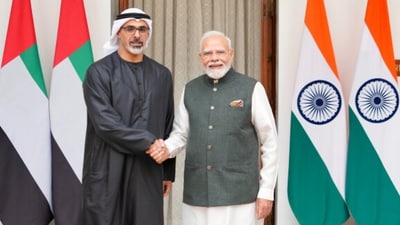 Prime Minister Narendra Modi met Abu Dhabi Crown Prince Khaled bin Mohamed at the BRICS summit in New Delhi. (@PMOIndia/X) Prime Minister Narendra Modi met Abu Dhabi Crown Prince Khaled bin Mohamed at the BRICS summit in New Delhi. (@PMOIndia/X)
