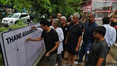 Thane, India - August -30, 2026: Citizens Protest Against Thane Ring Metro Project As residents of Thane continue to oppose the proposed Thane Ring Metro project, citizens of Vasant Vihar on Sunday organized a signature campaign to protest against the project. Residents alleged that the Ring Metro project would adversely affect the environment and also compromise the privacy of citizens living in the area. Through the signature campaign, they expressed their concerns and demanded that the authorities reconsider the proposed project. ,in Thane ,in Mumbai, India, on, Sunday, August -30, 2026. ( photo by Praful Gangurde / Hindustan Times ) (Praful Gangurde)