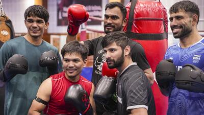 The Asian Games bound Indian men’s boxing team at the NIS Patiala. (PTI) The Asian Games bound Indian men’s boxing team at the NIS Patiala. (PTI)