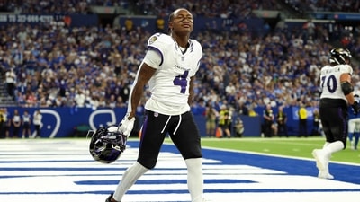 Zay Flowers #4 of the Baltimore Ravens celebrates after scoring a touchdown against the Indianapolis Colts during the second quarter of the game at Lucas Oil Stadium in Indianapolis, Indiana. (Getty Images via AFP)