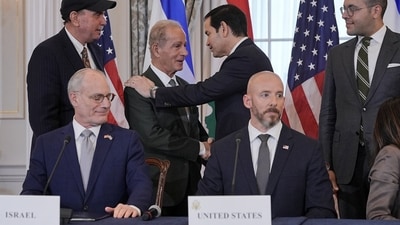 File photo of US Secretary of State Marco Rubio with US Ambassador to Lebanon Michel Issa alongside State Department Counselor Daniel Holler and Israel's Ambassador to the U.S. Yechiel Leiter during an event to sign a framework agreement between Israel and Lebanon. (REUTERS)