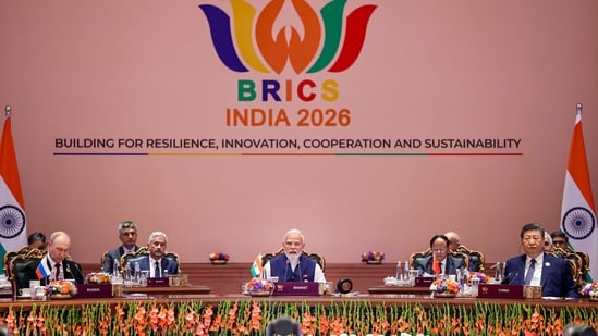 Prime Minister Narendra Modi with Russian President Vladimir Putin and Chinese President Xi Jinping, at Bharat Mandapam on the second day of the BRICS Summit 2026, in New Delhi.