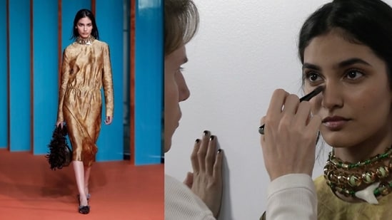 Bhavya Verma on the ramp, and in a behind-the-scenes moment at the New York Fashion Week.