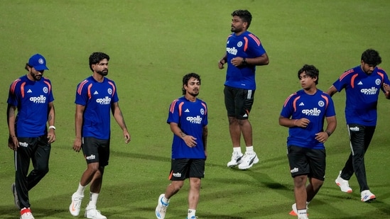 India's captain Shreyas Iyer, Tilak Verma, Nitish Kumar Reddy, Ishan Kishan, Vaibhav Sooryavanshi and others during a practice session ahead of the first T20 cricket match between India and Afghanistan