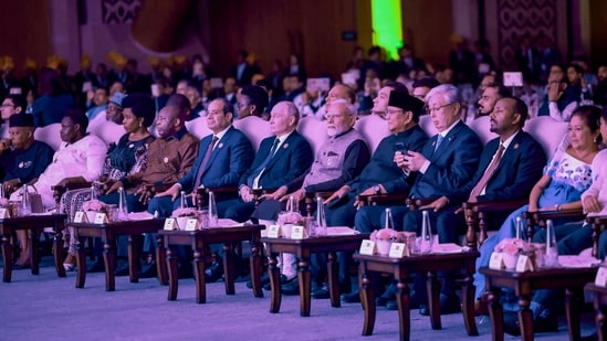 BRICS Summit 2026 highlights: Prime Minister Narendra Modi with Russian President Vladimir Putin, Indonesian President Prabowo Subianto, South African President Cyril Ramaphosa, Egyptian President Abdel Fattah el-Sisi, Ethiopian Prime Minister Abiy Ahmed Ali, Kazakhstan President Kassym-Jomart Tokayev, and others, during a Gala dinner hosted by PM Modi for visiting leaders of the 18th BRICS Summit,