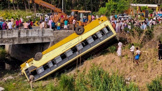 Rescue operation underway after a bus fell into a gorge, in Tenkasi district, Tamil Nadu, Sunday, Sept. 13, 2026. 