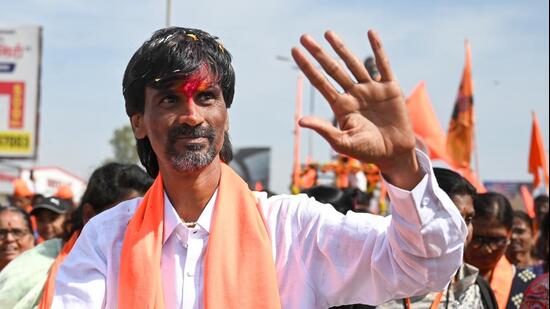 Pune, India. Jan 24, 2024 - Maratha activist Manoj Jarange - Patil started the Marataha Aarakshan Morcha with thousands of Supporters from Antarwali Sarati in Jalna district of Maharashtra to Mumbai. demanding Maratha reservation. The morcha will reach Mumbai on 26th. Jan 24, 2024. (Photo by Raju Shinde/ HT Photo)