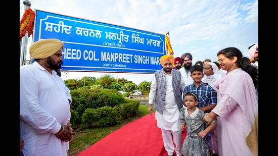 Punjab Chief Minister Bhagwant Mann during an event to dedicate a park and a road after martyr Colonel Manpreet Singh, in New Chandigarh. (PTI)
