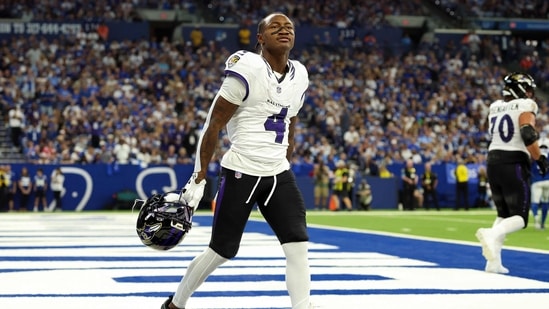 Zay Flowers #4 of the Baltimore Ravens celebrates after scoring a touchdown against the Indianapolis Colts during the second quarter of the game at Lucas Oil Stadium in Indianapolis, Indiana. (Getty Images via AFP)