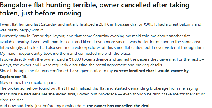 A Bengaluru tenant turned to Reddit seeking advice after a landlord cancelled a direct rental deal following a dispute over brokerage. A Bengaluru tenant turned to Reddit seeking advice after a landlord cancelled a direct rental deal following a dispute over brokerage.