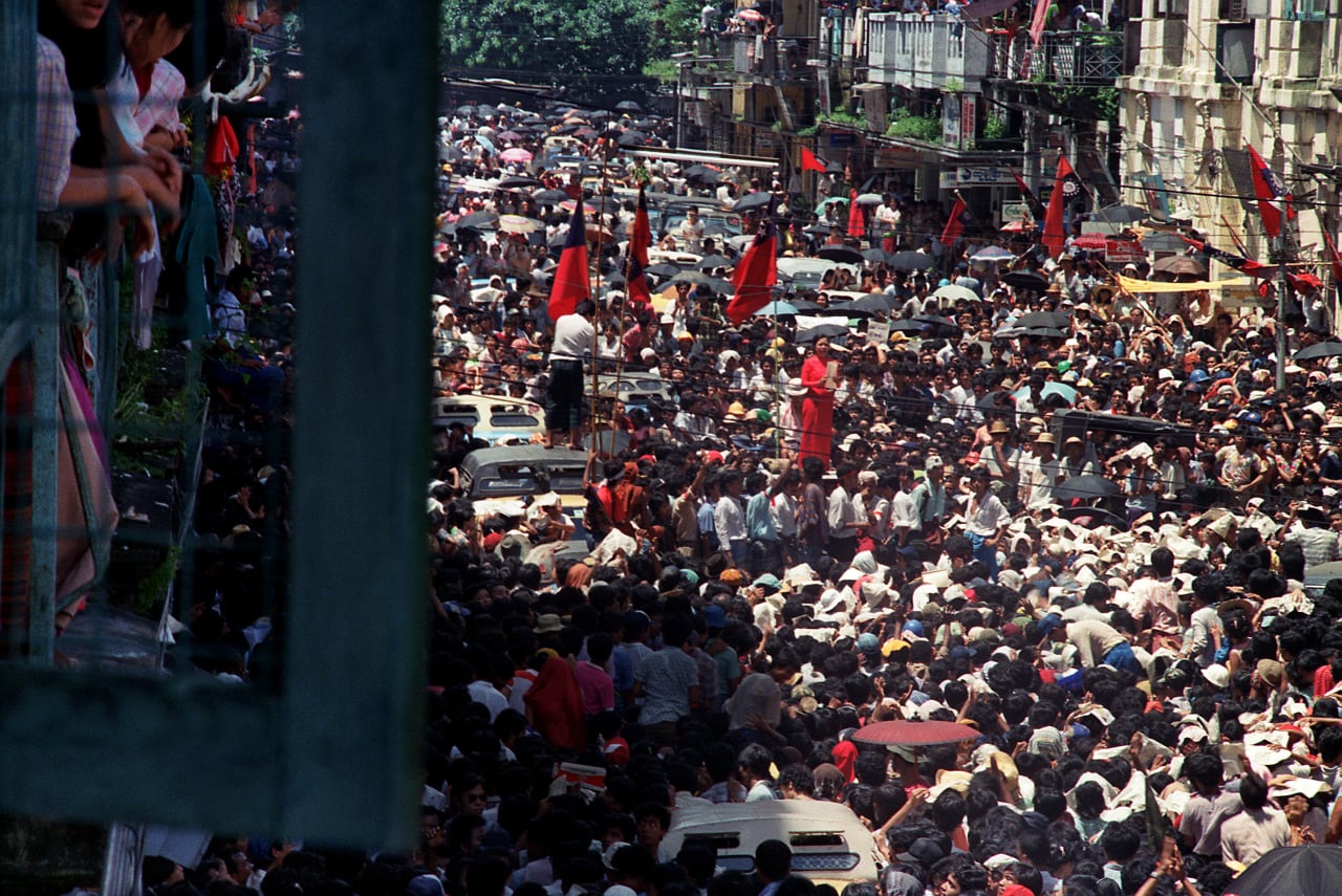 Antigovernment demonstrators filled the streets of Yangon, Myanmar, during a 1988 wave of protests in which Min Zin took part. Antigovernment demonstrators filled the streets of Yangon, Myanmar, during a 1988 wave of protests in which Min Zin took part.