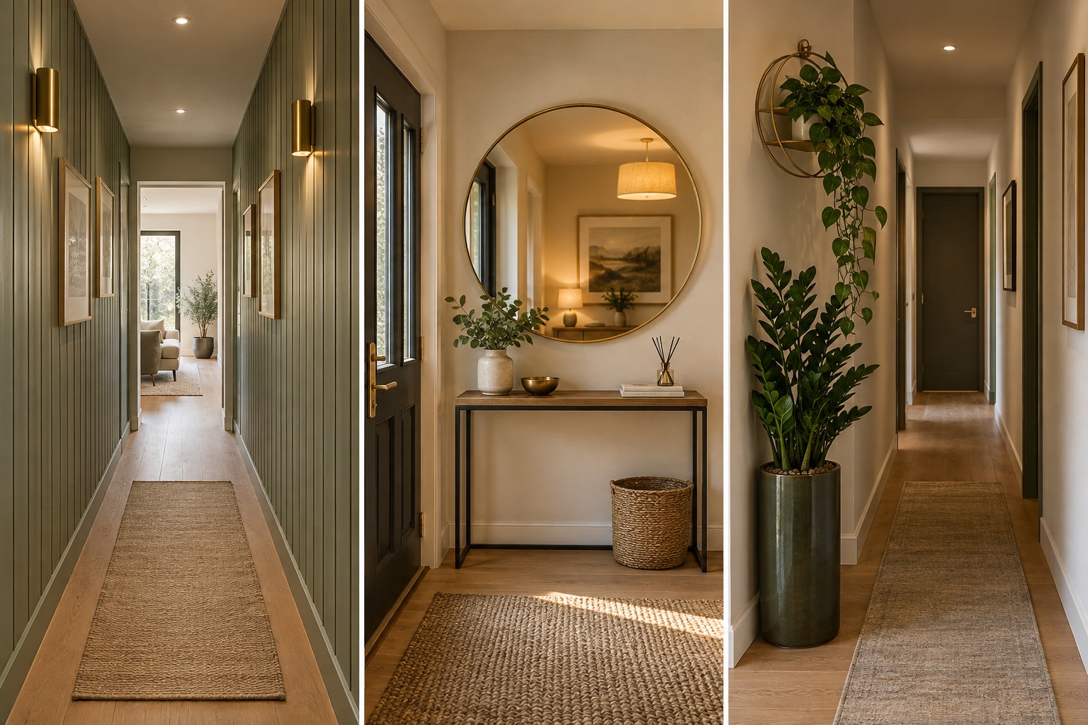 The same hallway looks different with new accents, from wall panelling, mirror and plants. (Picture credit: AI generated)