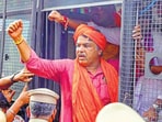 Police detain Karnataka Assembly LoP R Ashoka and BJP workers during a protest condemning alleged remarks by inspector Dhananjay in Mysuru on Sunday. (PTI)