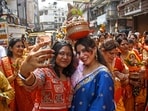 Gram it: Delhiites click selfies during the 151-women-led Kalash Shobha Yatra, organised by Ganesh Seva Samiti on Ganesh Chaturthi, in Delhi. On Monday, cultural activities kicked off as part of Ganesh Mahotsav across NCR. Details of the the happening in Faridabad are below.