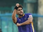 Abhinandan Singh gestures after taking a wicket in UPT20 League. (File Photo)