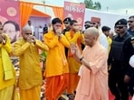 Chief minister Yogi Adityanath attended the ‘Shri Shiv Mahapuran Katha’ in Unchahar, Rae Bareli, on the third day of the event on Sunday. (Sourced)
