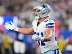 Dallas Cowboys tight end Jake Ferguson reacts after a play near the end zone against the New York Giants during the first half of an NFL football game in East Rutherford, N.J. (AP Photo/Yuki Iwamura)