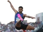M Sreeshankar during the men's long jump final at the Commonwealth Games in Glasgow. (AP Photo)