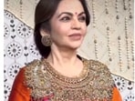 Nita Ambani wore a gorgeous saree with heavy jewellery as she welcomed everyone at Antilla Cha Raja Ganpati Darshan.(Picture credit: Instagram)