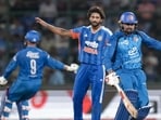Nitish Kumar Reddy gestures during the T20I against Afghanistan. (PTI)
