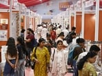 People at the Gomti Book festival at Lucknow University in Lucknow on Friday. (Deepak Gupta/HT)
