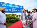 Punjab Chief Minister Bhagwant Mann during an event to dedicate a park and a road after martyr Colonel Manpreet Singh, in New Chandigarh. (PTI)