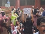 Students of Women’s College at AMU at protest on Monday against inferior food quality. (HT Photo)