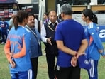 BCCI secretary Devajit Saikia (centre) in conversation with India head coach Amol Muzumdar, captain Harmanpreet Kaur and Smriti Mandhana