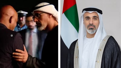 Sheikh Khaled appears to have already begun walking towards his aircraft when he turns around and goes back to the driver to greet him. (Credits: ANI & Reuters) Sheikh Khaled appears to have already begun walking towards his aircraft when he turns around and goes back to the driver to greet him. (Credits: ANI & Reuters)