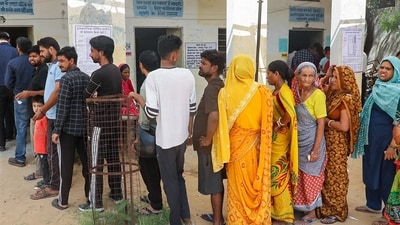 Voters queue up at a polling station to cast votes in the second phase of Rajasthan Civic Polls 2026, in Jaipur on Friday. (Sanjay Kumawat)