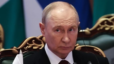 Russian President Vladimir Putin attends a session of the BRICS Plus Outreach format in New Delhi. (AP)