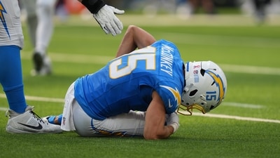 Ladd McConkey was forced to leave Sunday’s game against the Arizona Cardinals. (AP Photo) Ladd McConkey was forced to leave Sunday’s game against the Arizona Cardinals. (AP Photo)