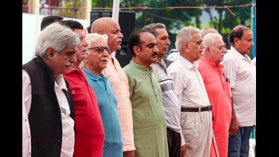 Members of the Kashmiri Pandit community pay homage during an event organised in Jammu on Monday. (PTI) Members of the Kashmiri Pandit community pay homage during an event organised in Jammu on Monday. (PTI)