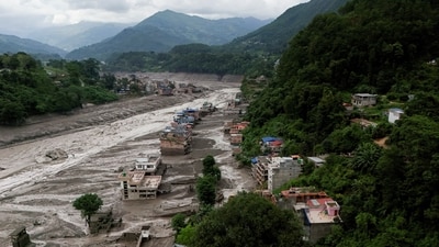 A drove view of mud covered properties following a flash flood at Trishuli in Nuwakot district, Nepal, August 26, 2026. (REUTERS)