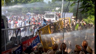 Police use water cannons to disperse Congress leaders and workers protesting against the lack of uninterrupted power supply to farmers, domestic consumers and industries, outside the headquarters of the power utility, Punjab State Power Corporation Limited, in Patiala on Monday. (PTI) Police use water cannons to disperse Congress leaders and workers protesting against the lack of uninterrupted power supply to farmers, domestic consumers and industries, outside the headquarters of the power utility, Punjab State Power Corporation Limited, in Patiala on Monday. (PTI)