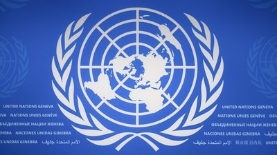 This photograph shows a logo of the United Nations (UN) at their offices in Geneva, on September 3, 2026. (AFP)