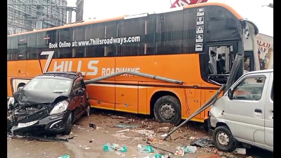 A view of damaged vehicles after a private bus rammed into parked vehicles and a hotel near Shamshabad on the Hyderabad-Bengaluru Highway, in Rangareddy on Monday. (ANI)