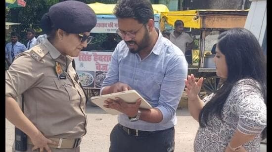 Lucknow traffic police officials inspect locations suggested by citizens through the QR-based ‘Sahbhagita’ initiative on Monday. (Sourced)