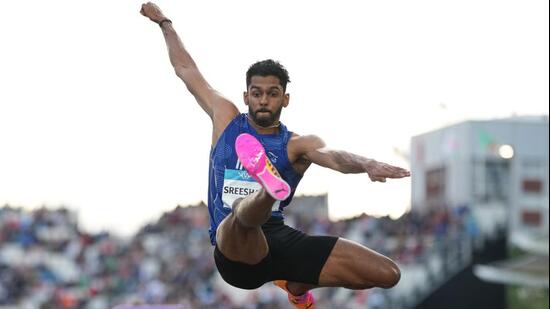 M Sreeshankar during the men's long jump final at the Commonwealth Games in Glasgow. (AP Photo)