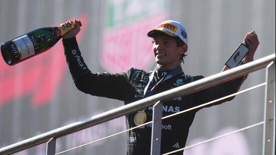 Mercedes driver Andrea Kimi Antonelli celebrates after winning the Spanish Formula One Grand Prix race in Madrid. (AP Photo/Manu Fernandez)