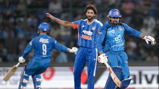 Nitish Kumar Reddy gestures during the T20I against Afghanistan. (PTI)