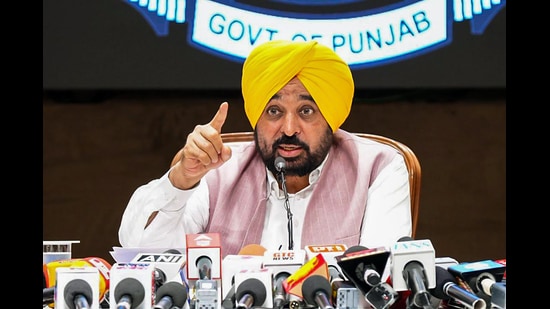 Punjab CM Bhagwant Mann addresses a press conference regarding the state government's actions and achievements against organised crime, terrorism, and drugs, in Chandigarh on Monday. (Sourced)