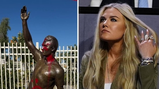 Erika Kirk issues scathing statement after Charlie Kirk statue vandalized (@TPUSA/X, AP Photo/Julia Demaree Nikhinson )