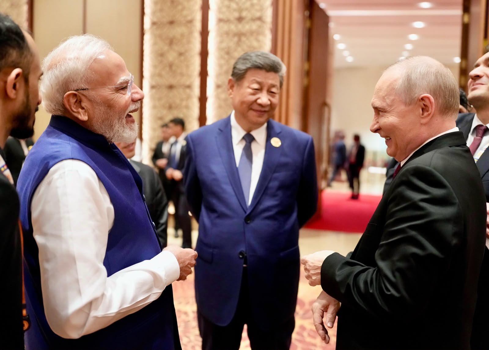 Prime Minister Narendra Modi with Russian President Vladimir Putin and Chinese President Xi Jinping during BRICS Summit at Bharat Mandapam, in New Delhi, India, on Sunday. ( PMO)
