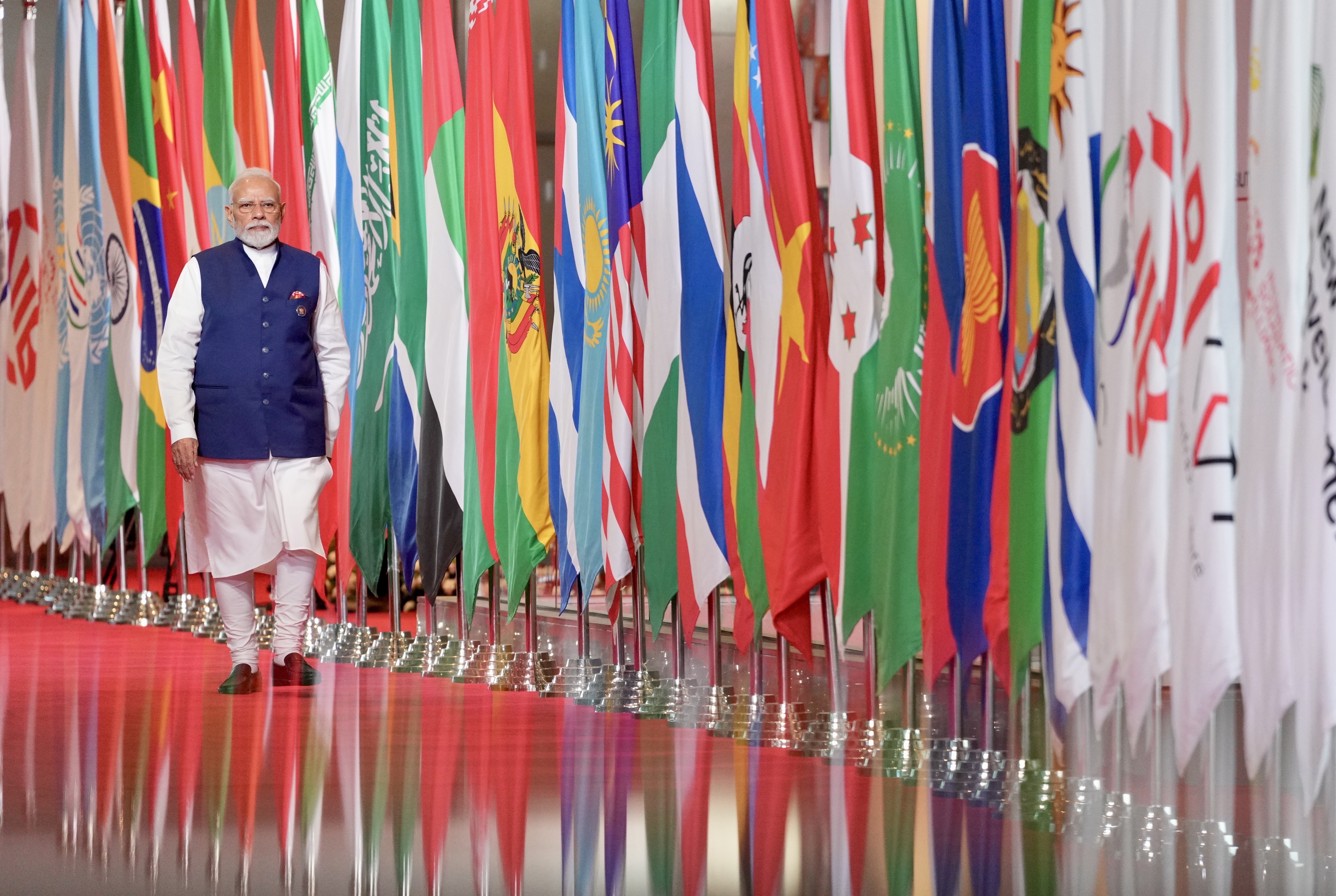 Prime Minister Narendra Modi arrives at Bharat Mandapam on the second day of the BRICS Summit 2026, in New Delhi, September 13, 2026. (PMO Photo) ( )