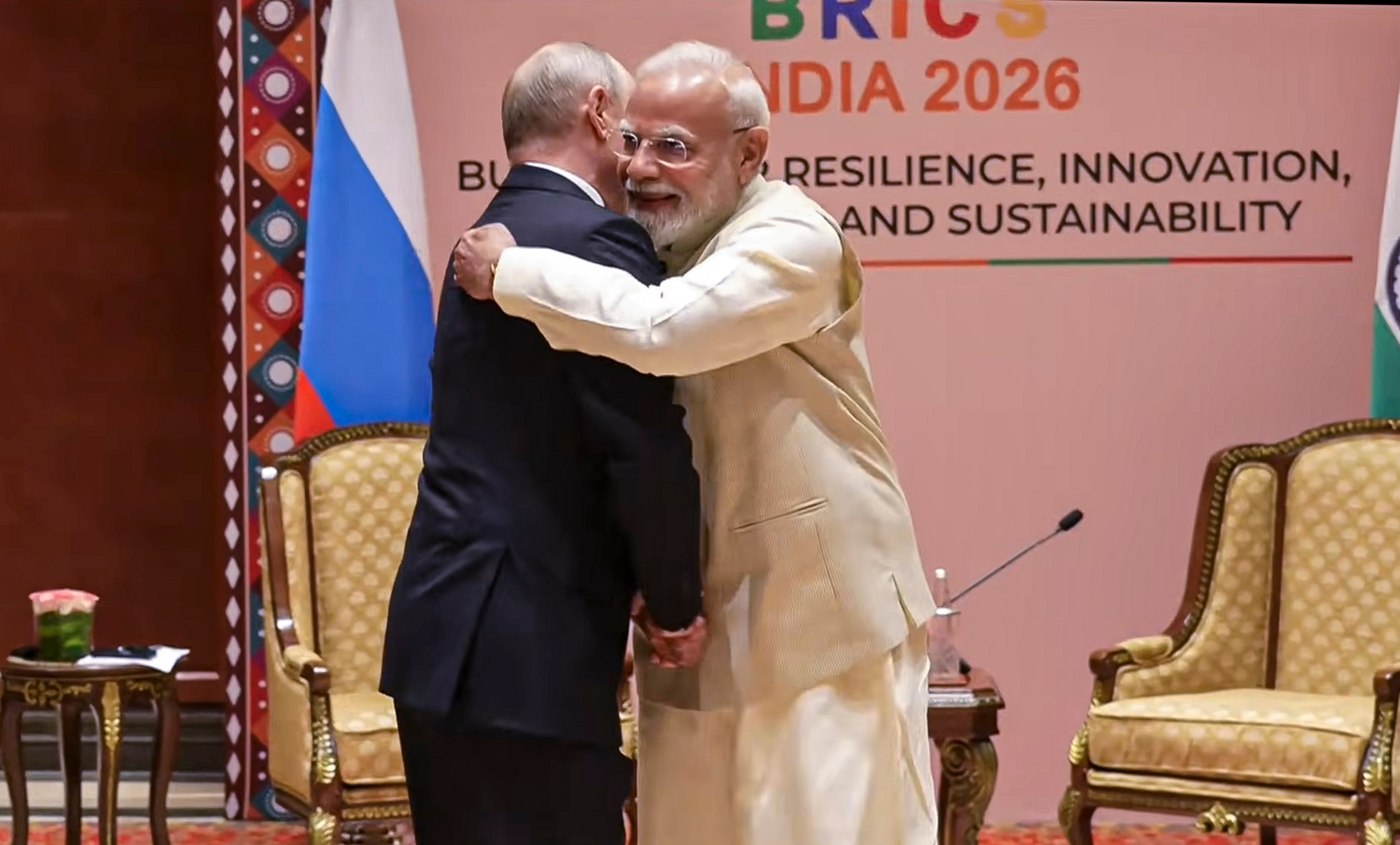 In this screengrab from a video posted on Sept. 11, 2026, Prime Minister Narendra Modi, right, meets Russia's Vladimir Putin ahead of BRICS Summit 2026, in New Delhi. (@pmoindia)