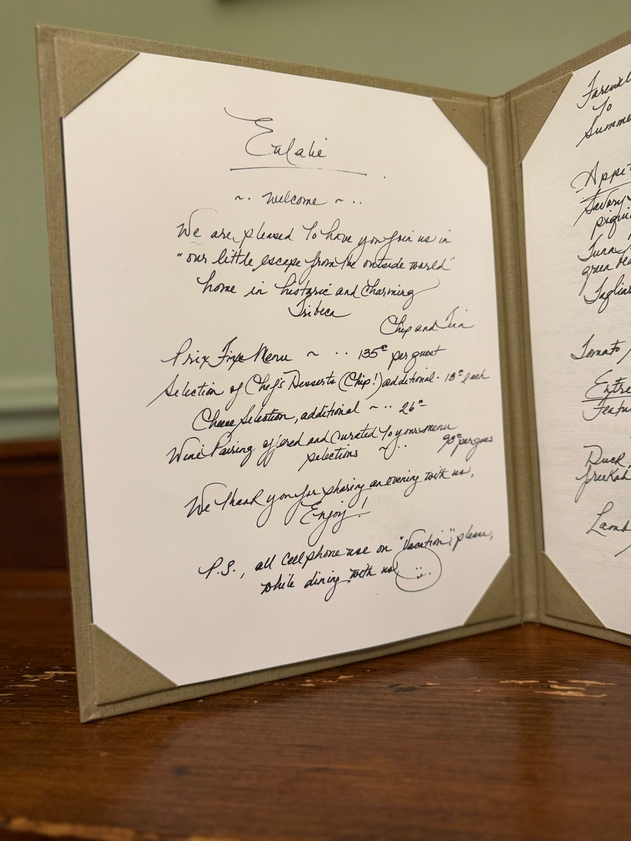 A note on the menu states that phones should be on ’vacation’ while dining at Eulalie. A note on the menu states that phones should be on ’vacation’ while dining at Eulalie.